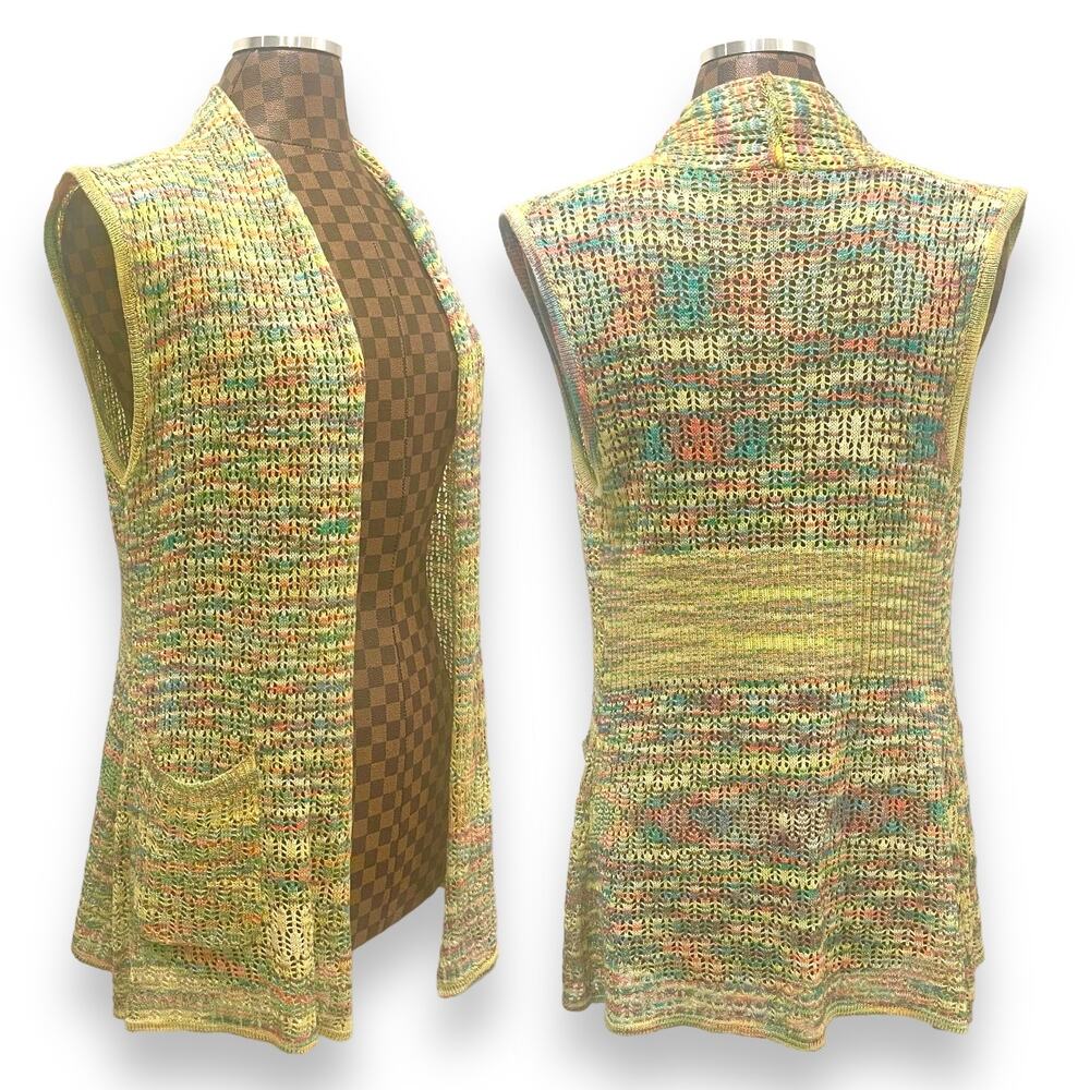 Vtg 90s Rainbow Crochet Cardigan Sleeveless S/M Long Sweater Knit Hippie Grunge - Picture 2 of 11
